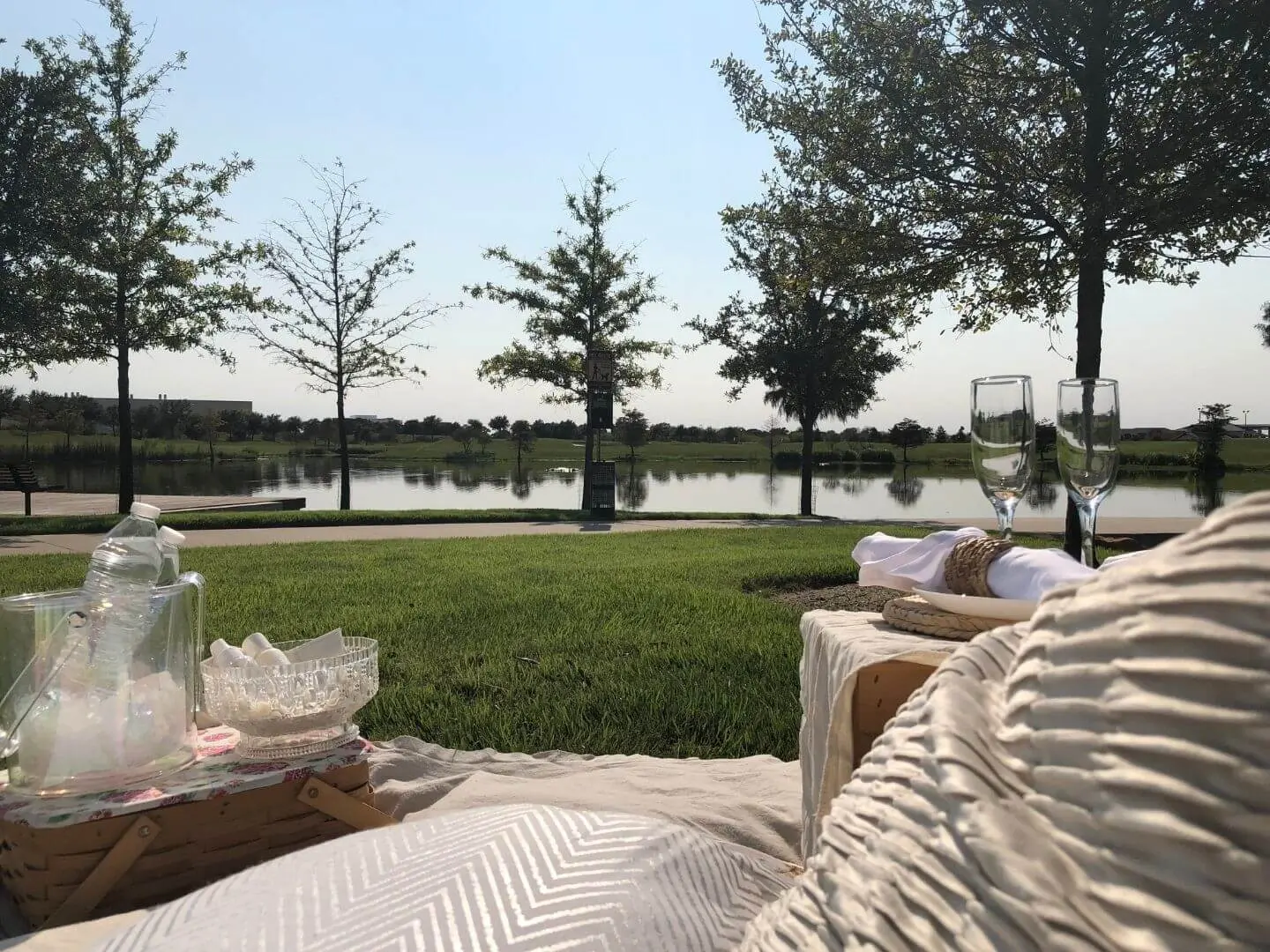picnic set up on a park by the lake